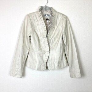 Larry Levine Women's Leather Jacket Size S Cream Hook in Front Lined